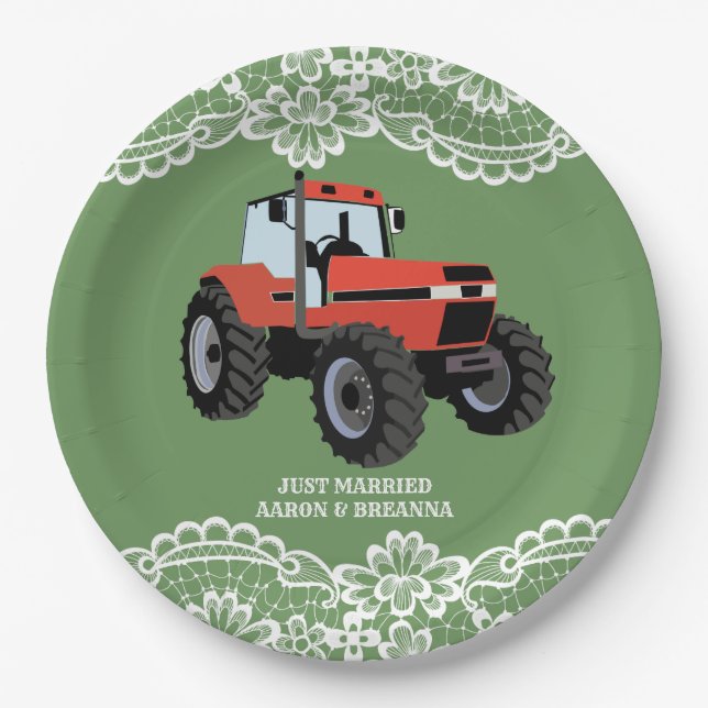 Red Tractor Wedding Bridal Shower Farm Paper Plate (Front)