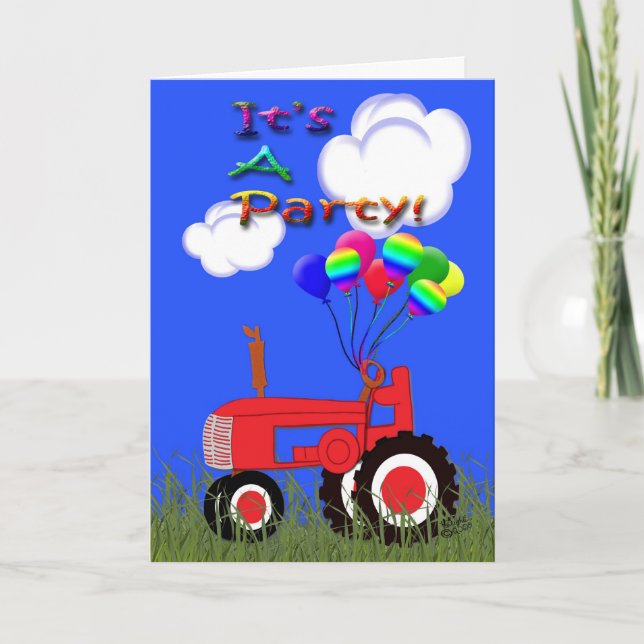 Red Tractor with Balloons Party Invitation Card (Front)