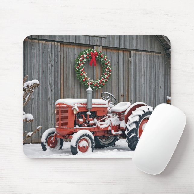 Red Tractor With Christmas Wreath Mouse Mat (With Mouse)