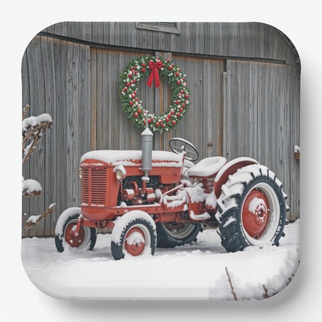 Red Tractor With Christmas Wreath Paper Plate (Front)