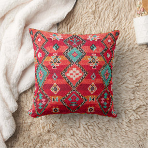 Red Traditional Bohemian Moroccan Throw Pillow