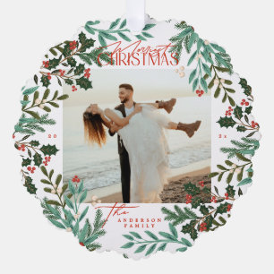 Red Traditional Botanical Christmas photo Tree Decoration Card