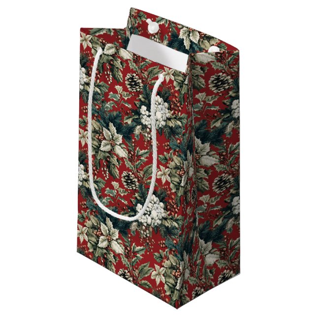 Red Traditional Christmas Floral and Pinecone  Small Gift Bag (Front Angled)