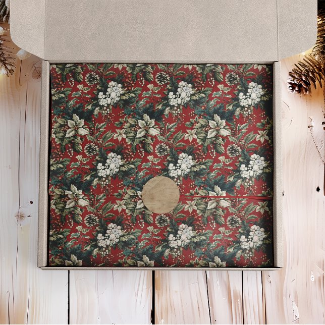 Red Traditional Christmas Floral and Pinecone  Tissue Paper (Creator Uploaded)