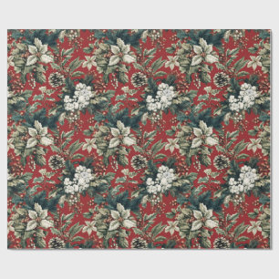 Red Traditional Christmas Floral and Pinecone  Wrapping Paper