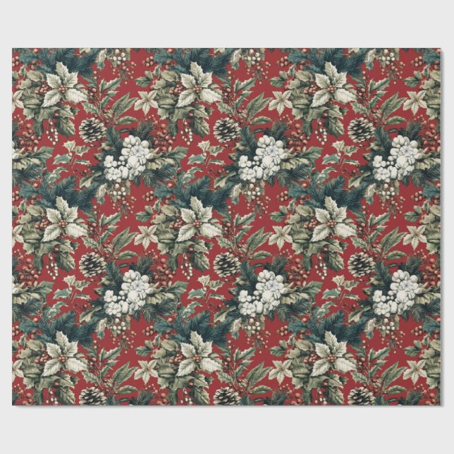 Red Traditional Christmas Floral and Pinecone  Wrapping Paper (Flat)