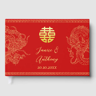 Red traditional dragon phoenix Chinese wedding Guest Book