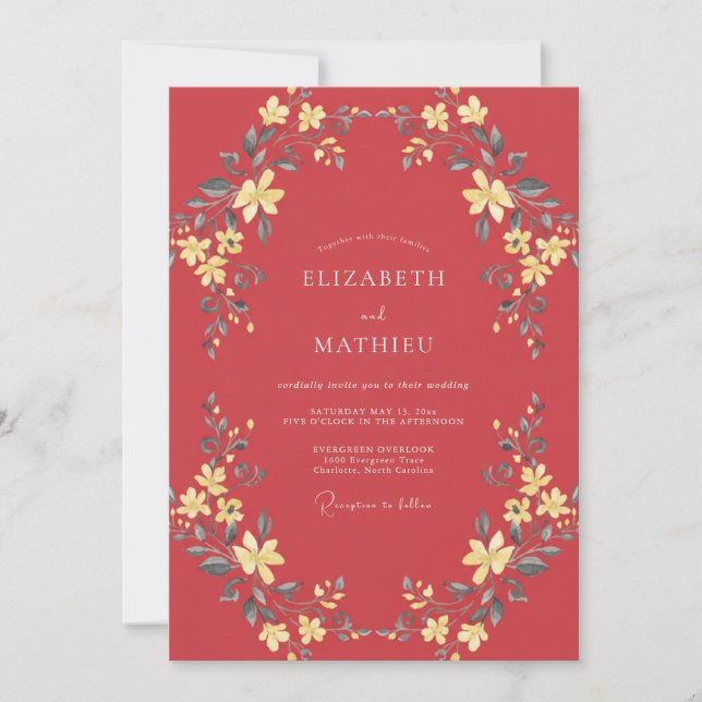 Red Traditional Floral Wedding Invitation (Front)