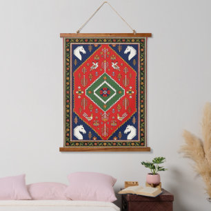 Red Traditional Folk Art Geometric Animal Tapestry