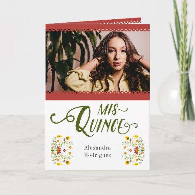 Red Traditional Mexican Floral Photo Quinceanera Invitation (Front)