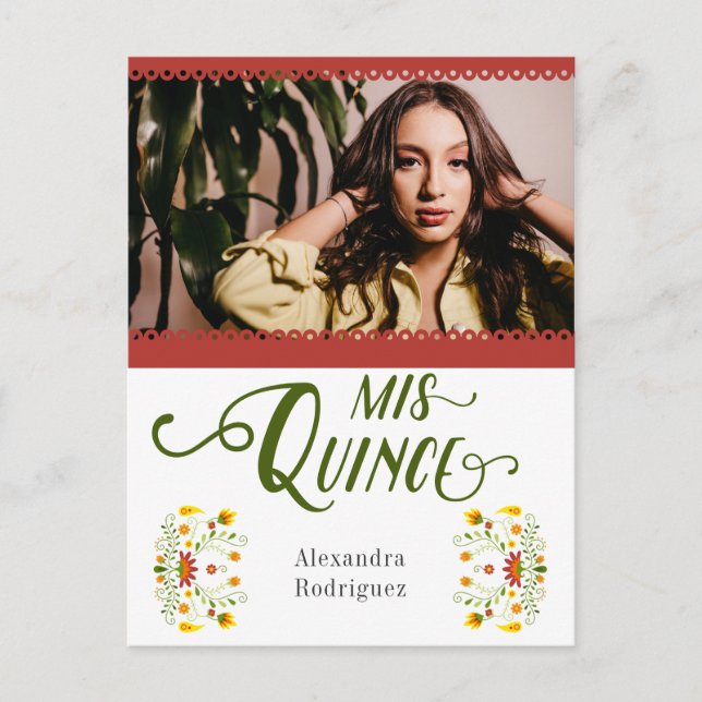 Red Traditional Mexican Floral Photo Quinceanera Invitation Postcard (Front)