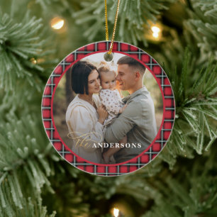 Red traditional tartan personalised christmas ceramic tree decoration
