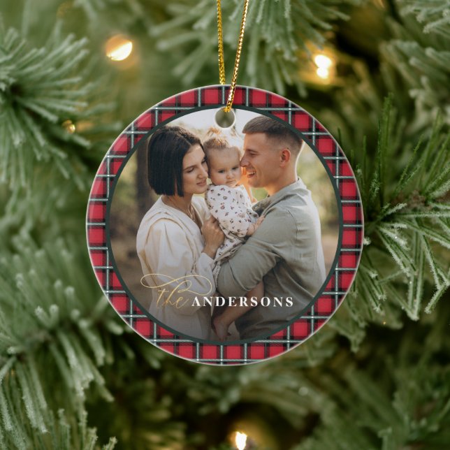 Red traditional tartan personalised christmas ceramic tree decoration (Tree)
