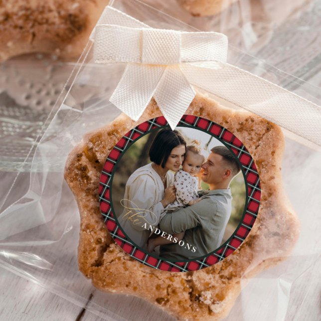 Red traditional tartan personalised christmas classic round sticker (Creator Uploaded)