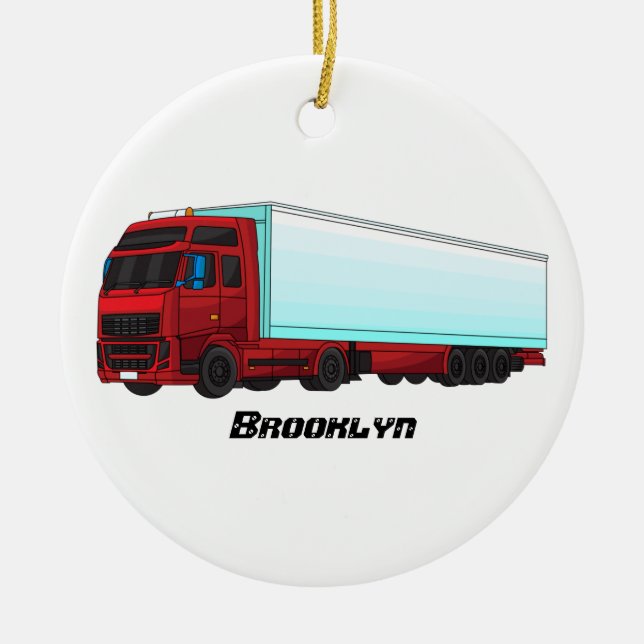 Red trailer truck illustration ceramic tree decoration (Front)