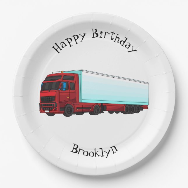 Red trailer truck illustration paper plate (Front)