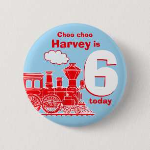 Red train birthday name and age button / badge