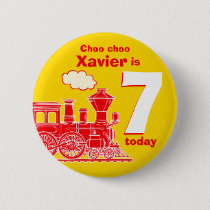 Red train birthday name and age yellow badge