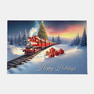 Red Train Christmas Tree Holiday Doormat