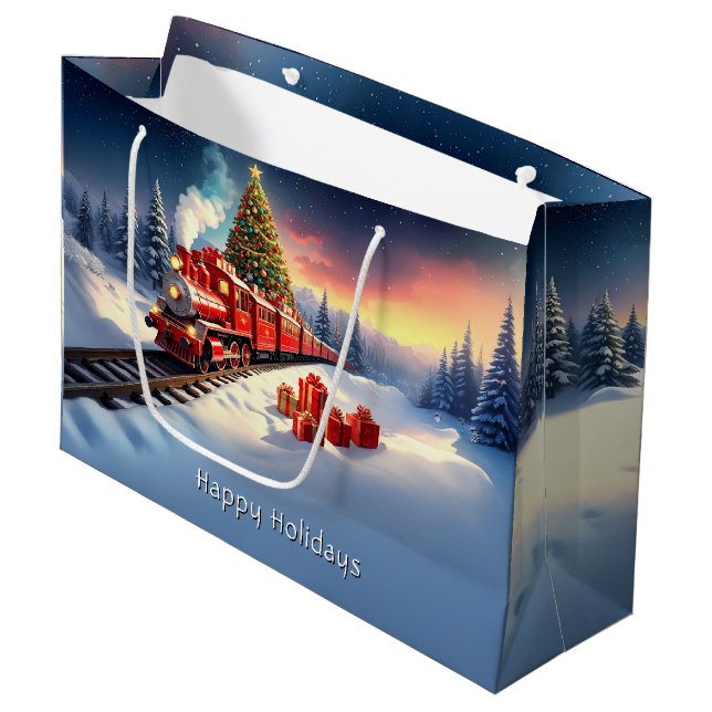 Red Train Christmas Tree Holiday Gift Bag (Front Angled)