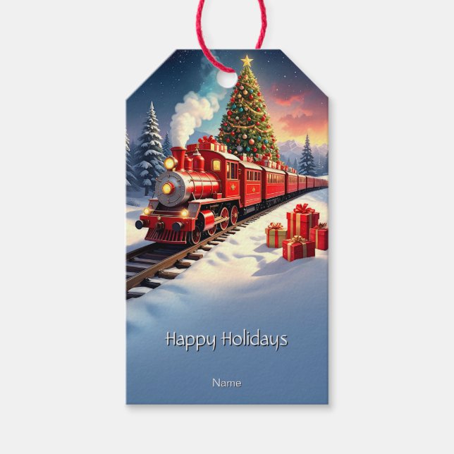 Red Train Christmas Tree Holiday Gift Tag (Front)