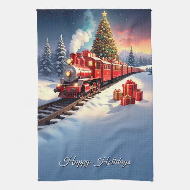 Red Train Christmas Tree Holiday Kitchen Towel (Vertical)
