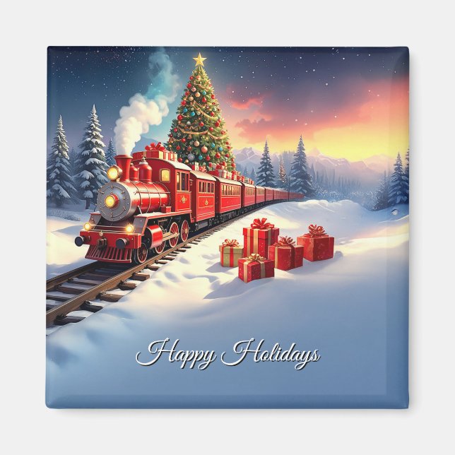 Red Train Christmas Tree Holiday Magnet (Front)
