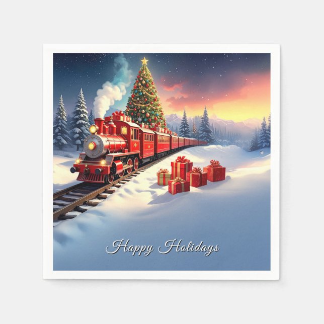 Red Train Christmas Tree Holiday Napkin (Front)