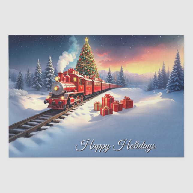 Red Train Christmas Tree Holiday Tissue Paper (Front)