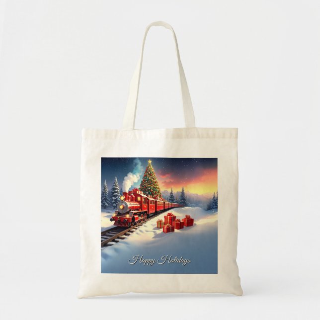 Red Train Christmas Tree Holiday Tote Bag (Front)