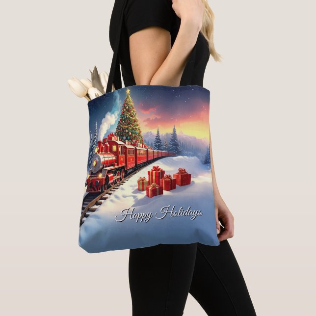 Red Train Christmas Tree Holiday Tote Bag (Close Up)
