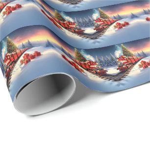Red Train Christmas Tree Holiday Wrapping Paper