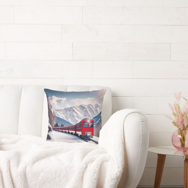 Red Train In Snowy Mountain Valley Cushion (Couch)