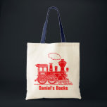 Red train kids named id library tote bag<br><div class="desc">Bright red train boys school library bag. Personalise with your child's name,  perfect for library or school. Currently reads Daniel's Books and Daniel on boiler plate. Uniquely designed by Sarah Trett.</div>