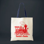 Red train kids named id library tote bag<br><div class="desc">Bright red train boys school library bag. Personalise with your child's name,  perfect for library or school. Currently reads Daniel's Books and Daniel on boiler plate. Uniquely designed by Sarah Trett.</div>