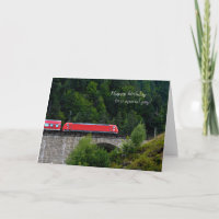 red train on stone trestle birthday