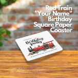 Red Train "Your Name" Birthday  Square Paper Coaster<br><div class="desc">Add a personalised touch to your birthday celebration with our Red Train 'Your Name' Birthday Square Paper Coaster! Featuring a vibrant red train design, these coasters can be customised with your name or message. Whether you're hosting a birthday party or a train-themed event, these coasters are perfect for protecting your...</div>