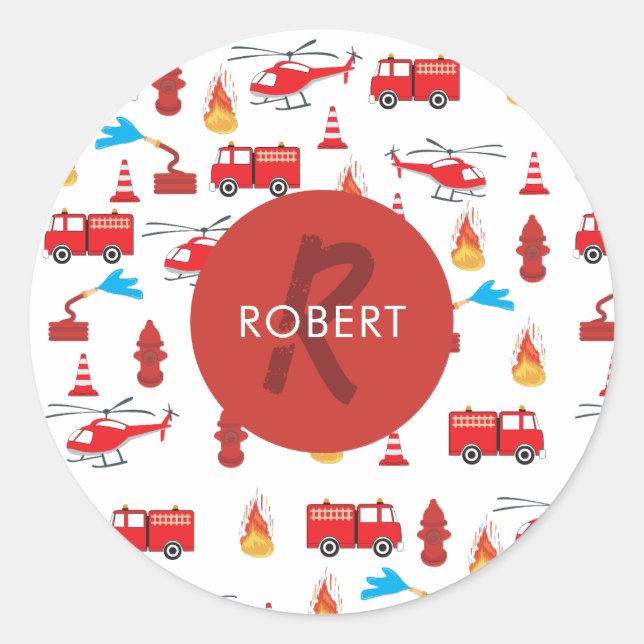 Red Transport Fire Truck Engine Brigade Monogram  Classic Round Sticker (Front)