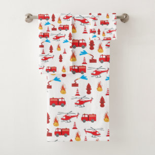 Red Transport Fire Truck Engine Brigade Pattern  Bath Towel Set