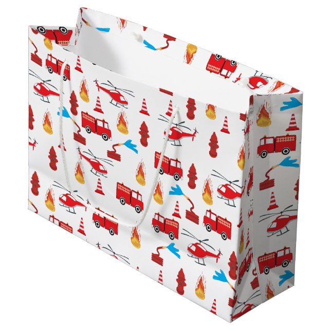 Red Transport Fire Truck Engine Brigade Pattern  Large Gift Bag (Front Angled)