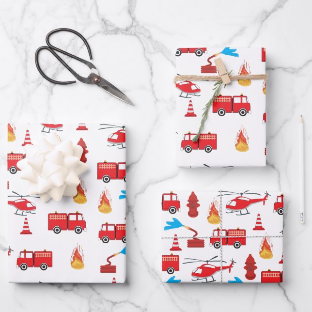 Red Transport Fire Truck Engine Brigade Pattern Wrapping Paper Sheet (Front)