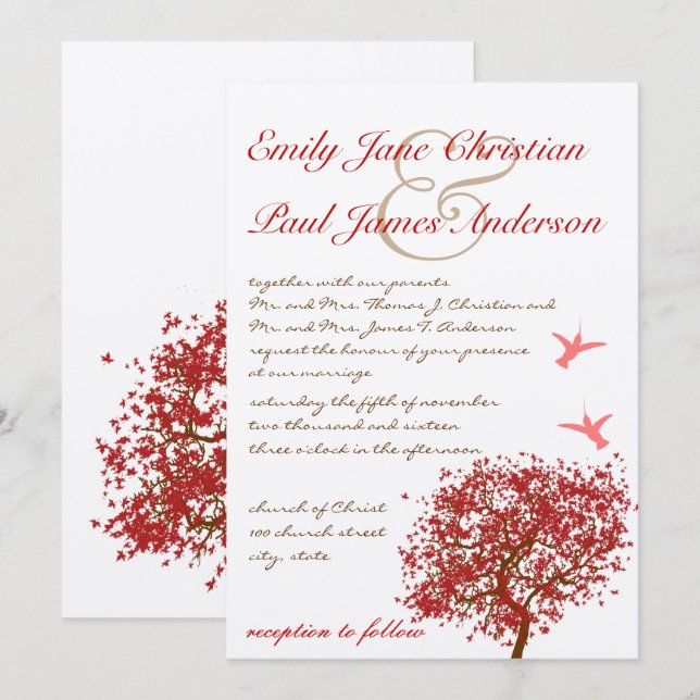 Red Tree Humming Bird  Wedding Invitation (Front/Back)