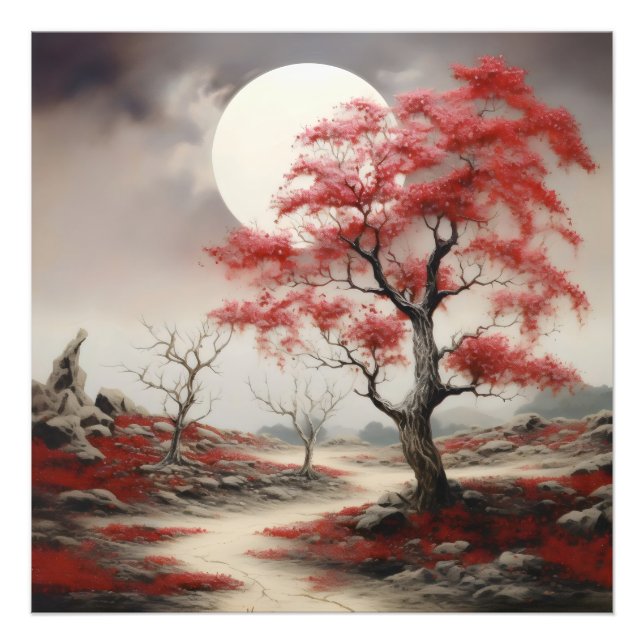 Red Tree Night Landscape Photo Print (Front)