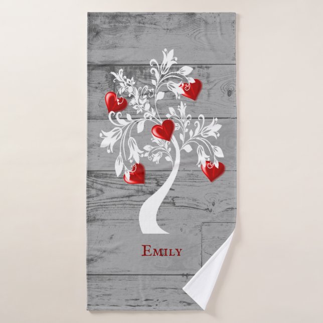 Red Tree of Hearts Personalised Bath Towel Set (Bath Towel)