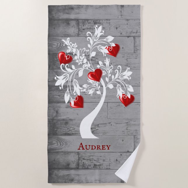Red Tree of Hearts Personalised Beach Towel (Front)