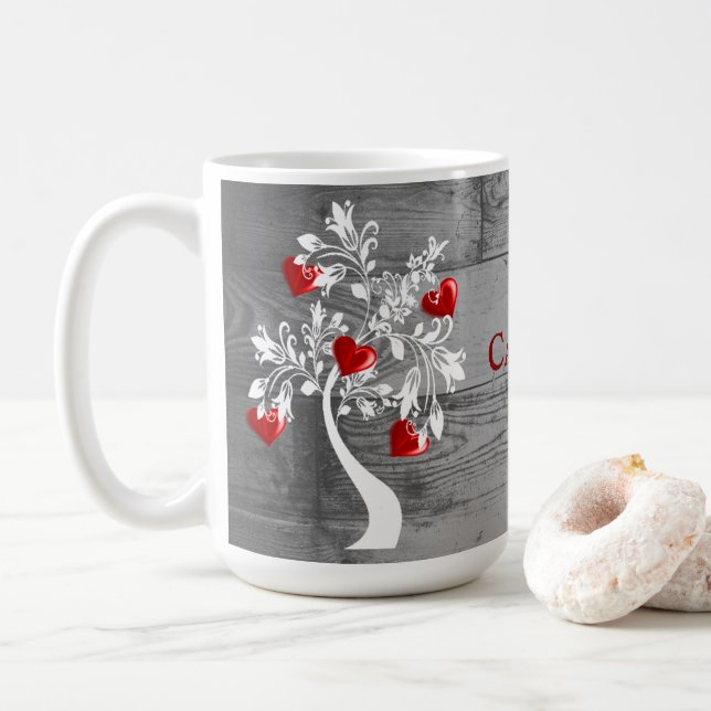 Red Tree of Hearts Personalised Coffee Mug (With Donut)