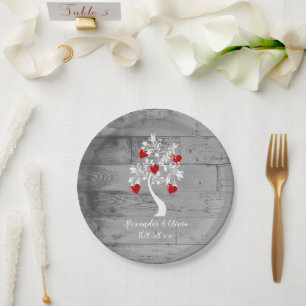 Red Tree of Hearts Wedding Paper Plate