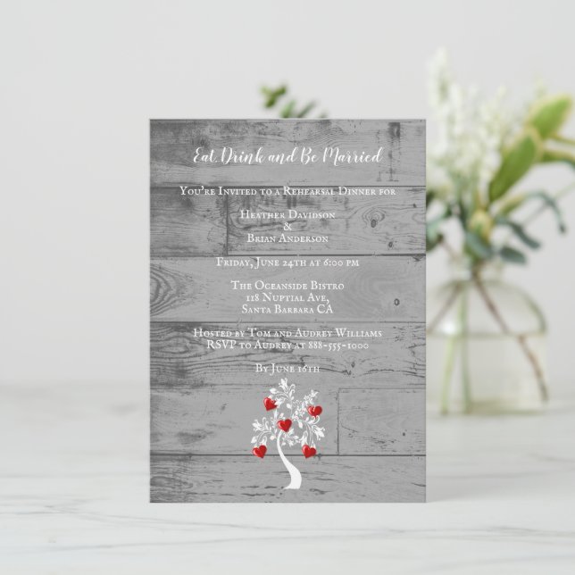 Red Tree of Hearts Wedding Rehearsal Dinner Invite (Standing Front)