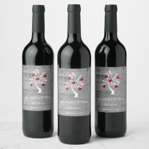 Red Tree of Hearts Wedding Wine Label