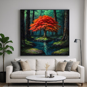 Red Tree - Vibrant Nature Illustration Style Poster